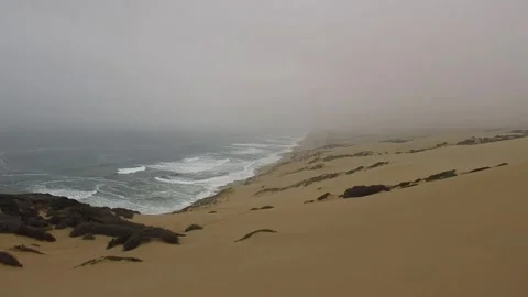 Sand Dunes Over the Ocean, Cloudy, Tilt Down Video stock 254654576