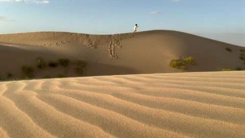 Sand dunes stretch under warm sunlight, lone figure leaves footprints along Stock-Footage 289403171