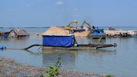 Sand exploit on river with floating house Stock Footage 90108167