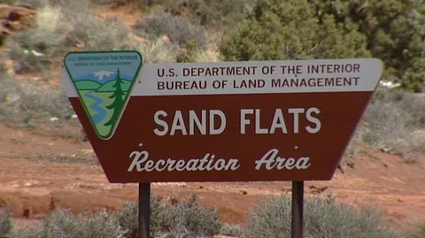 Sand Flats Recreation Area Sign in Southeast Utah Stock Footage 93649830