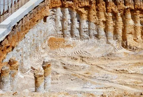 The sand foundation pit of the construction site is dug for the foundation of Stock Photos