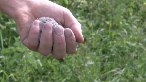 Sand in the hands of men. Close up view of sand running through a mans hands Vídeo Stock 104158656