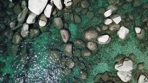 Sand Harbor, thru a Drones view showing iconic boulders dotting the shoreline Stock Footage 303653307