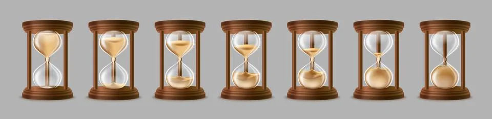 Sand hourglass, elements for animation, clock timer. Countdown in sandglass, Stock Illustration