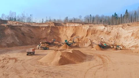 Sand making plant in mining quarry, aerial view. Sand crushing and gravel for Stock Footage 237266193