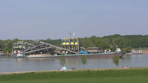 Sand mining along the river Rhine. Floating sand classification plant Stock Footage 134036634