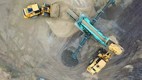 Sand mining industry. Bulldozer machine. Crawler bulldozer moving at sand Stock Footage