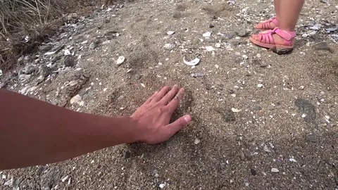 Sand in my hands, I touch the sea sand with my hand, Stock Footage 144811125