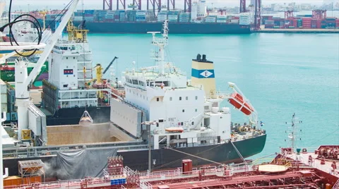 Sand Offloaded from Freighter Ship with Crane in Lima Peru Stock Footage 61093974