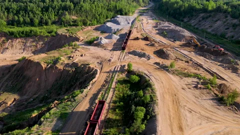 Sand open pit. Wheel loader loading rocks in freight train. Stock Footage 156598651