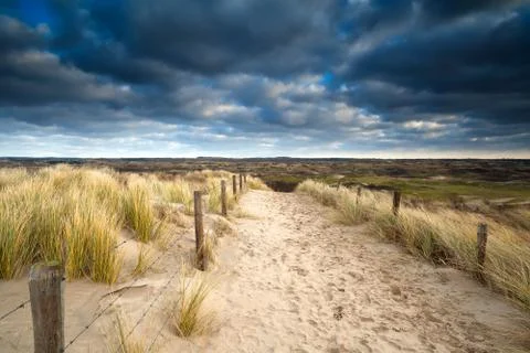 Sand path to dunes and cloudy sky Stock Photos