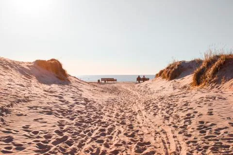 Sand path to the observation deck and the sea beach Stock Photos