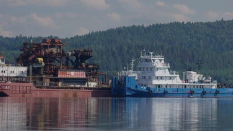 Sand producing machine work on the Kama river in Russia Stock Footage 342927626