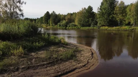 Sand shore on the turn of the river Stock Footage 302275411
