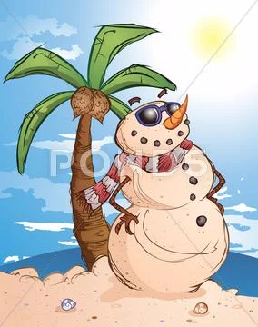 Sand Snowman Cartoon Character in Paradise Stock Illustration