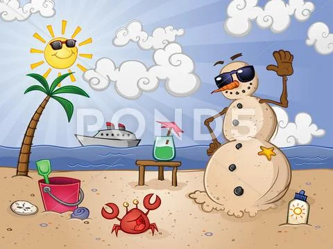 Sand Snowman Cartoon Character on a Tropical Beach Vacation in Paradise Stock Illustration