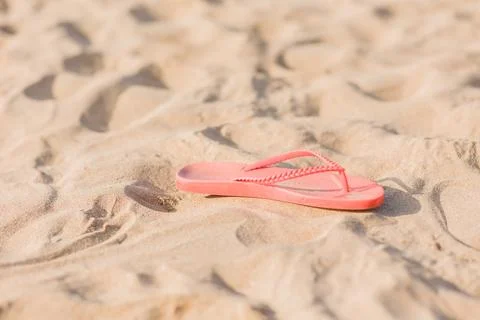 Sand summer background at beach. Relax and travel vacation with sandal. Nobody Stock Photos