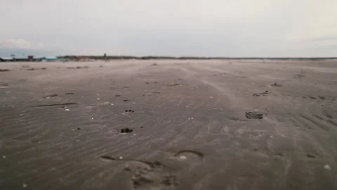 Sand sweeping up during bright windy day on wet beach on grey day Stock Footage 232667488