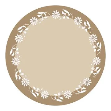 Sand-tone circle with hand drawn flowers with leaves with blank text box. Stock Illustration