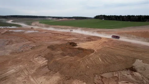 Sand transport from open pit. Dump truck transports sand, drone view. Stock Footage 193993322