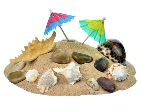 Sand with an umbrella and seashells Stock Photos