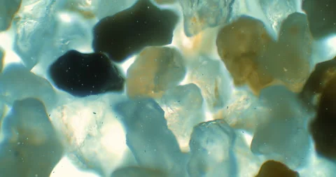 Sand under a microscope. Small rocks with floating bacteria under a scope Stock Footage 199315578