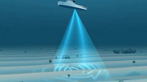 Sand waves survey vessel multibeam swath water column section loop Stock Footage 344129333