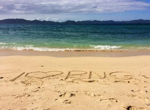 Sand writing, Doini Island, Papua New Guinea Stock Photos