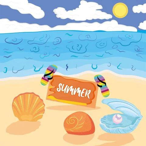 Sandals and sea shells on the beach Summer holiday travel landscape Vector イラスト素材