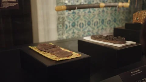 The sandals of Muhammand the prophet. Topkapi Palace Treaury Istanbul, Turkey Stock Footage 261502944