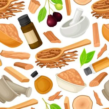 Sandalwood Seamless Pattern Design with Fragrant Sticks and Essential Oil Vector Stock Illustration