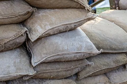 Sandbag pattern protective wall, barricade for protection from shell fragment Stock Photos
