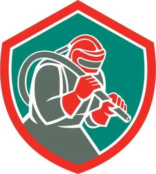Sandblaster sandblasting hose shield retro Stock Illustration