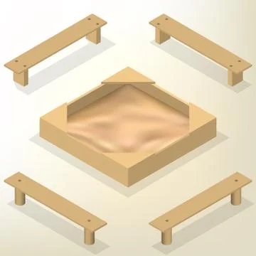Sandbox with benches in isometric, vector illustration. Stock Illustration