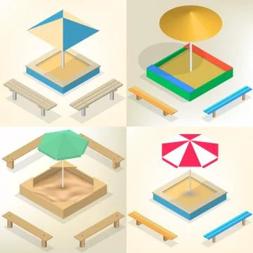 Sandbox with benches in isometric, vector illustration. Stockillustratie