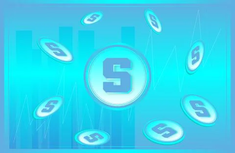 The Sandbox SAND coin cryptocurrency with gradient and blue background. Stock Illustration