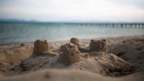 Sandcastle On Beach With Pier Video Video stock 252642832