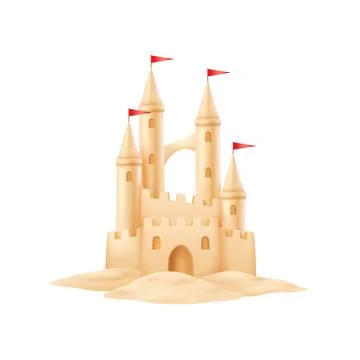 Sandcastle with Red Flags on White Backdrop Stock Illustration