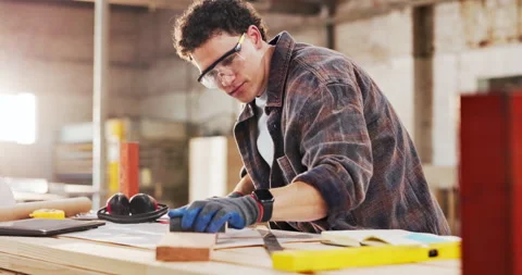 Sanding, carpenter and man with plank in workshop for project, planning and Stock Footage 340620382