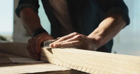 Sanding, carpentry and tool with man on construction site for manufacturing or Stock Footage 343511549