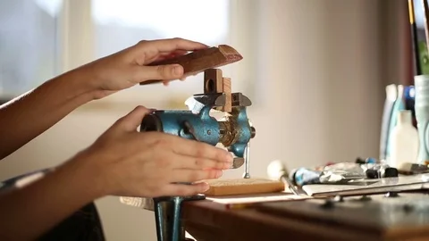 Sanding wood in workshop Stock Footage 73048890
