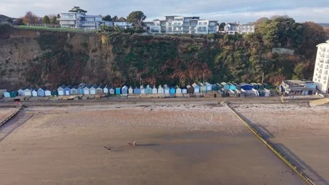 Sandown Seafront Beach Huts and Cliffs, Isle of Wight Aerial Drone Shot Stock Footage 336996614