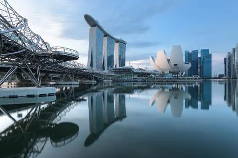 Sands Resort skyline and Helix bridge reflecting on Marina Bay , Singapore Stock Photos