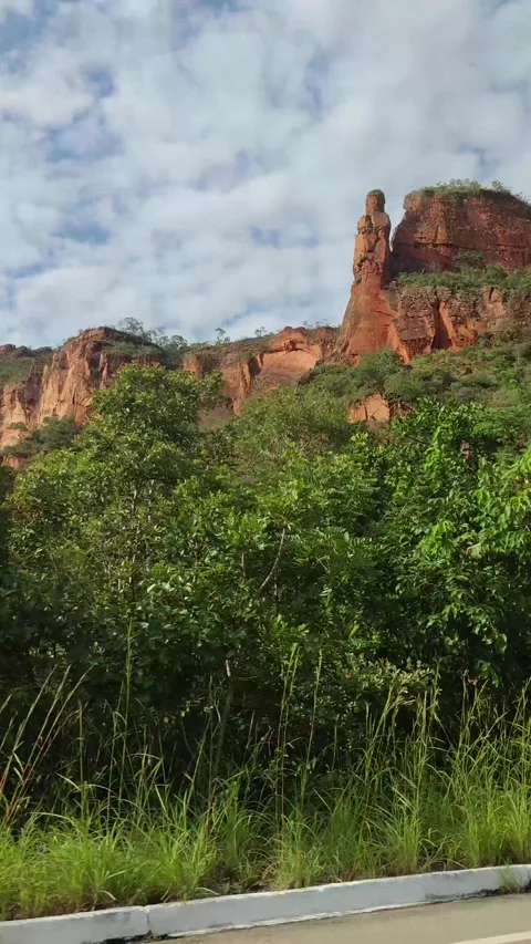 Sandstone cliffs of Chapada dos Guimãraes. Mountain Red Rocks Plateau and Lush Stock Footage 309561258