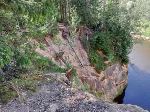 Sandstone cliffs. Erglu Cliffs (Ērgļu klintis), on the bank of the Gauja rive Stock Photos