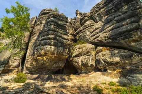 Sandstone cliffs, forest paths in Saxon Switzerland National Park, Germany, c Stock Photos