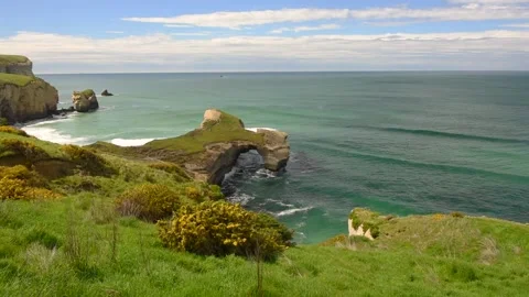 The sandstone cliffs, headlands and arch at Tunnel Beach, Otago, New Zealand. Stock Footage 132372041