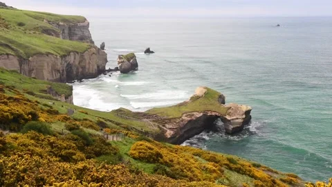 The sandstone cliffs, headlands and arch at Tunnel Beach, Otago, New Zealand. Stock Footage 134739139