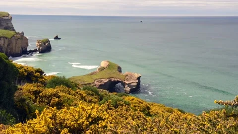 Sandstone cliffs, headlands and arch at Tunnel Beach, Otago, New Zealand. Stock Footage 135305519