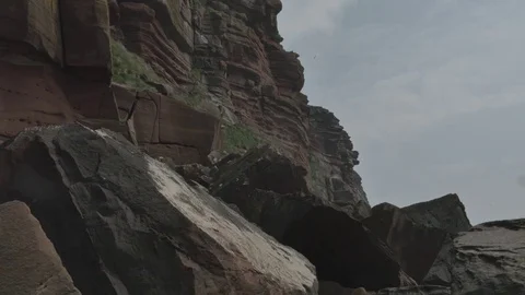 Sandstone Cliffs Sunny Day with Rocks in Foreground, Seagulls and a Clear Sky Stock Footage 70806331